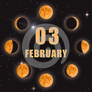 february 3. 3th day of month, calendar date.Phases of moon on black isolated background. Cycle from new moon to full