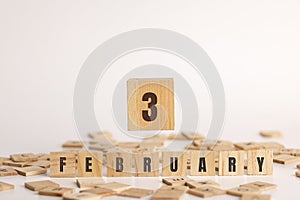 February  3 displayed wooden letter blocks on white background