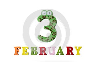 February 3, on a white background, numbers and letters. Calendar.