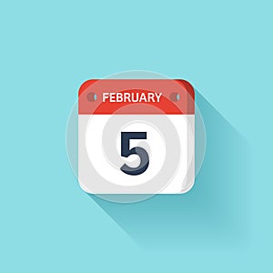 February 5. Isometric Calendar Icon With Shadow.Vector Illustration,Flat Style.Month and Date.Sunday,Monday,Tuesday