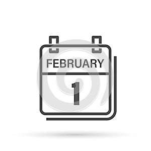 February 1, Calendar icon with shadow. Day, month. Flat vector illustration.