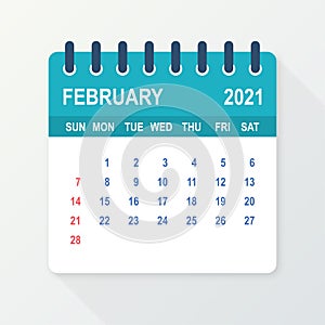 February 2021 Calendar Leaf. Calendar 2021 in flat style. Vector illustration.