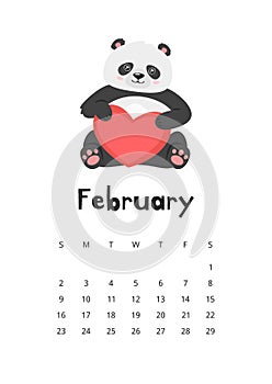 February calendar with panda template