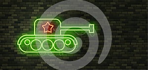 February 23. Defenders of Fatherland Day. Tank Neon sign and green brick wall. Realistic sign. National Military holiday in