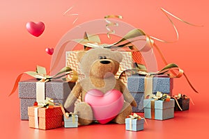 february 14 holiday. teddy bear with a heart next to the gift boxes on a red background. 3D render