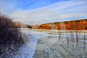 February landscape. Ice froze on top of the river. Icing.