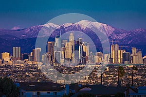 FEBRUARY 6, 2019 - LOS ANGELES, CA, USA - City of Angeles - Los Angeles Skyline framed by San Bernadino Mountains and Mount Ba