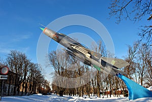 February 2018: Monument of rocketing Su-24 plane in winter park near air force academy, Kharkiv, Ukraine