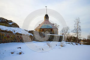 February morning at the walls of Korela fortress. Priozersk, Russia