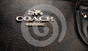 February 2024 - New Your, USA. Coach brand logo. Handbag satchel with monogram pattern in canvas. Luxury fashion
