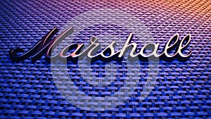 February 2024 - Odesa, Ukraine. Marshall guitar combo amplifier. Brand company name. Classic vintage rock sound