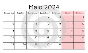 May 2024 portuguese calendar - Maio. Vector illustration. Monthly planning for business in Portugal photo