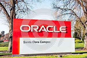 February 7, 2020 Santa Clara / CA / USA - Oracle logo at their campus in Silicon Valley; Oracle Corporation is a global computer