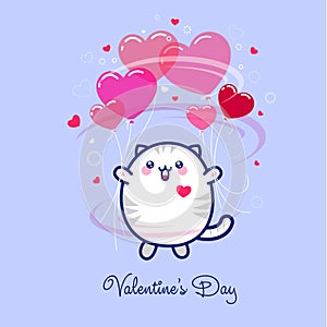 February 14, Valentine`s Day. Kawaii cute kitten with balloons .