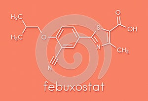 Febuxostat gout drug molecule xanthine oxidase inhibitor. Skeletal formula. photo