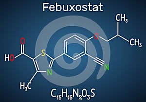 Febuxostat molecule. Structural chemical formula and molecule model on the dark blue background