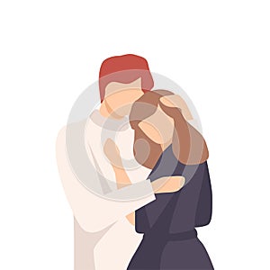 Feceless Man Standing and Embracing Young Woman Stroking Her Hair Vector Illustration