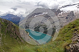 Fedaia lake and Marmolada glacier