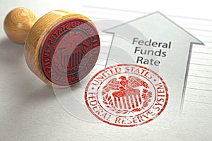 Federal funds rate increase. Arrow with growth of federal fund rate and stamp of federal reserve FRS symbol