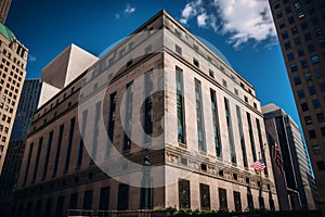Federal Reserve Bank of Chicago. American flag on Federal Reserve Bank.