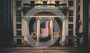 Federal Reserve Bank of Chicago. American flag on Federal Reserve Bank.