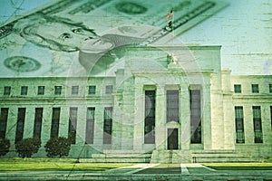 Federal Reserve building with twenty dollar bill on grunge texture photo