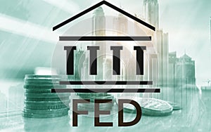 Federal Reserve System - FED. Banking Economy Concept. Double exposure background. photo