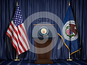 Federal Reserve System Fed of USA chairman press conference concept. Tribune with symbol and flag of FRS and United States