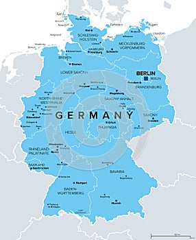 Germany, country in Central Europe, blue political map