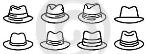 Fedora hat icon. Collection of line art drawings of various fedora hats. photo