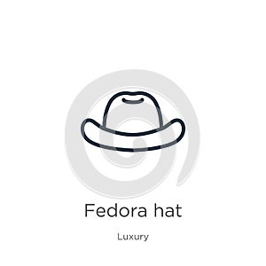 Fedora hat icon. Thin linear fedora hat outline icon isolated on white background from luxury collection. Line vector fedora hat photo