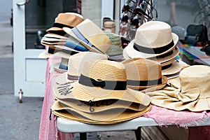 And fedoras for sale on the table in the store