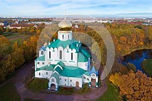 Fedorovsky Cathedral, golden autumn. Tsarskoye Selo, St. Petersburg top view