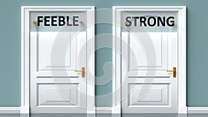 Feeble and strong as a choice - pictured as words Feeble, strong on doors to show that Feeble and strong are opposite options