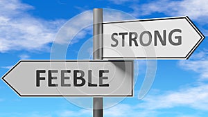 Feeble and strong as a choice - pictured as words Feeble, strong on road signs to show that when a person makes decision he can