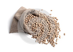 Feed for livestock. A bag. Large granules crumbled.
