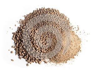 Feed for livestock. Three kinds of pellets photo