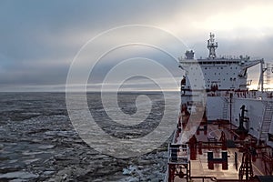 feed of a ship sailing in the Arctic. Landscape of the Arctic from the deck of the tanker