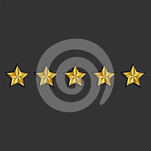 Feedback 5 golden stars reputation black background, product review rating concept 3d style