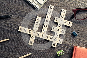 Feedback assistance support guidance words spelled with cubes on wooden table