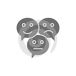 Feedback emoticon chats, positive, negative and neutral speech bubbles grey icon