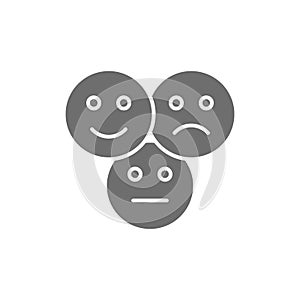 Feedback emoticons, positive, negative and neutral faces grey icon.