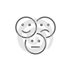 Feedback emoticons, positive, negative and neutral faces line icon.