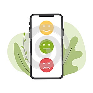 Feedback emotion scale on phone. Reviews with good and bad rating. Feedback in the form of emotions. Vector flat