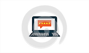 Feedback  five star review online on laptop.  shopping and feedback five orange stars flat vector illustration icon logo symol