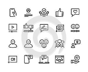 Feedback line icons. Customer review and questionnaire list outline pictograms. Vector user experience and opinion test photo