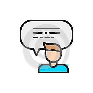 Feedback from the man, speech bubble flat color line icon.