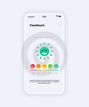 Feedback mobile app. Smartphone onboard screen with emoticons and mood gradation. Customer review application. Isolated