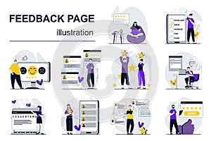 Feedback page concept with character situations mega set. Vector illustrations