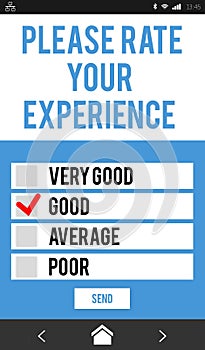 Feedback rating form is displaying on flat design smartphone screen with checkboxes, red check mark